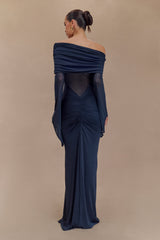 Kaitlin One Shoulder Slinky And Mesh Maxi Dress - Midnight Blue
