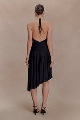 Zelda Asymmetric Slinky Midi Dress - Black