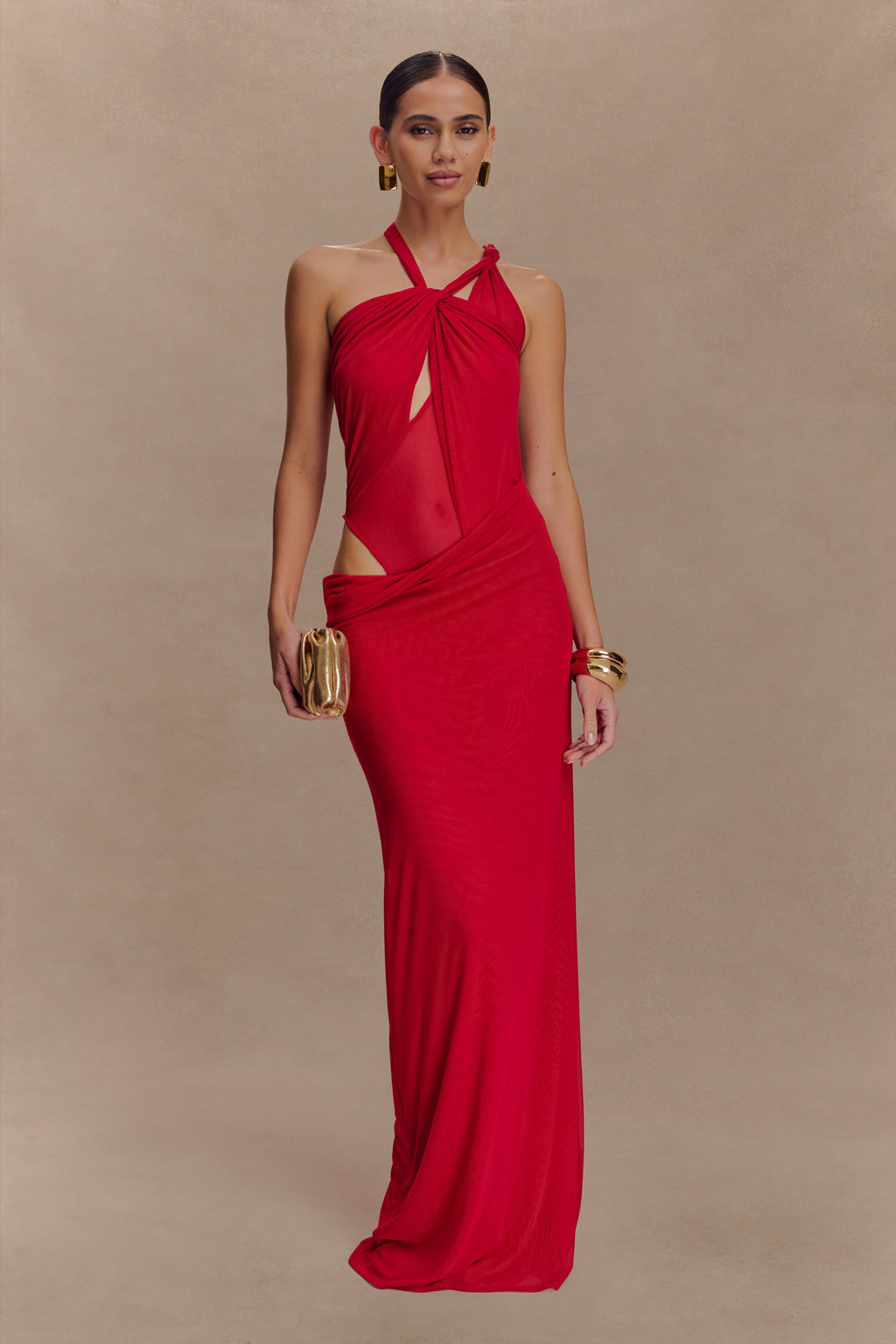 Edwina Knotted Mesh Maxi Dress - Red