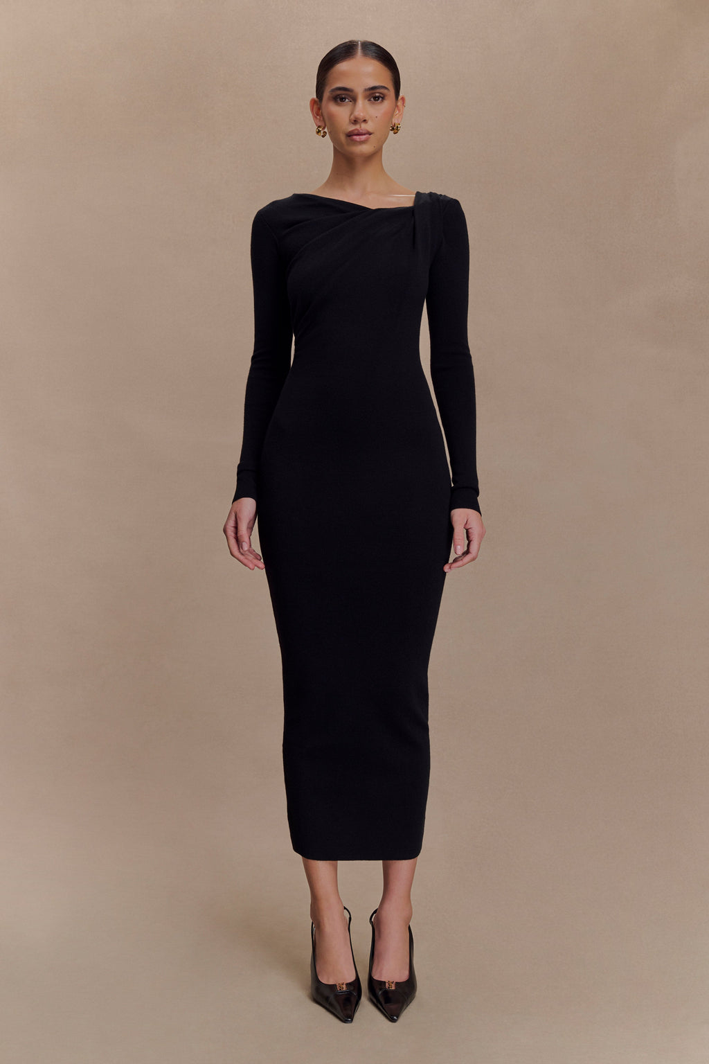 Culver Draped Twist Knit Midi Dress - Black