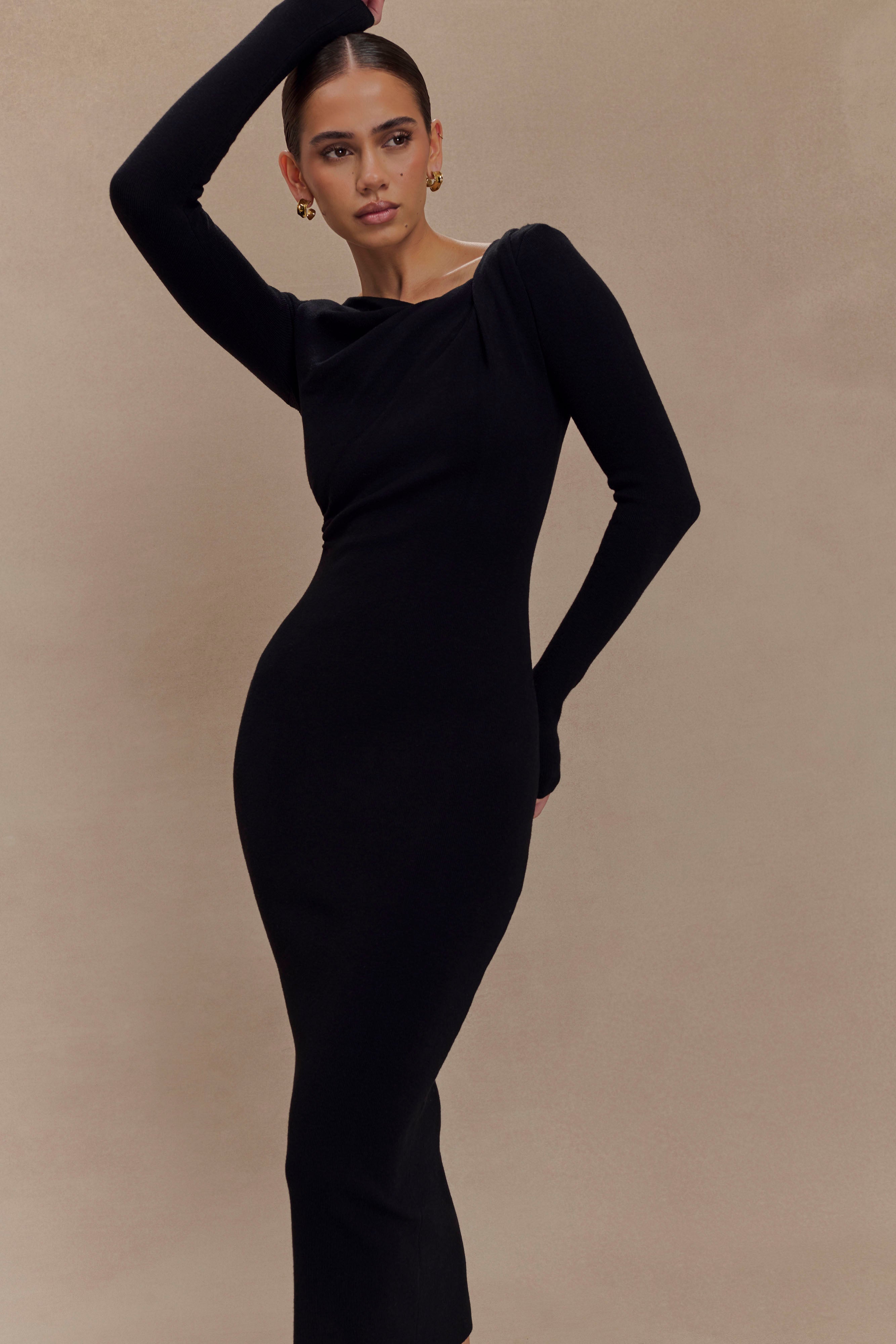 Culver Draped Twist Knit Midi Dress - Black