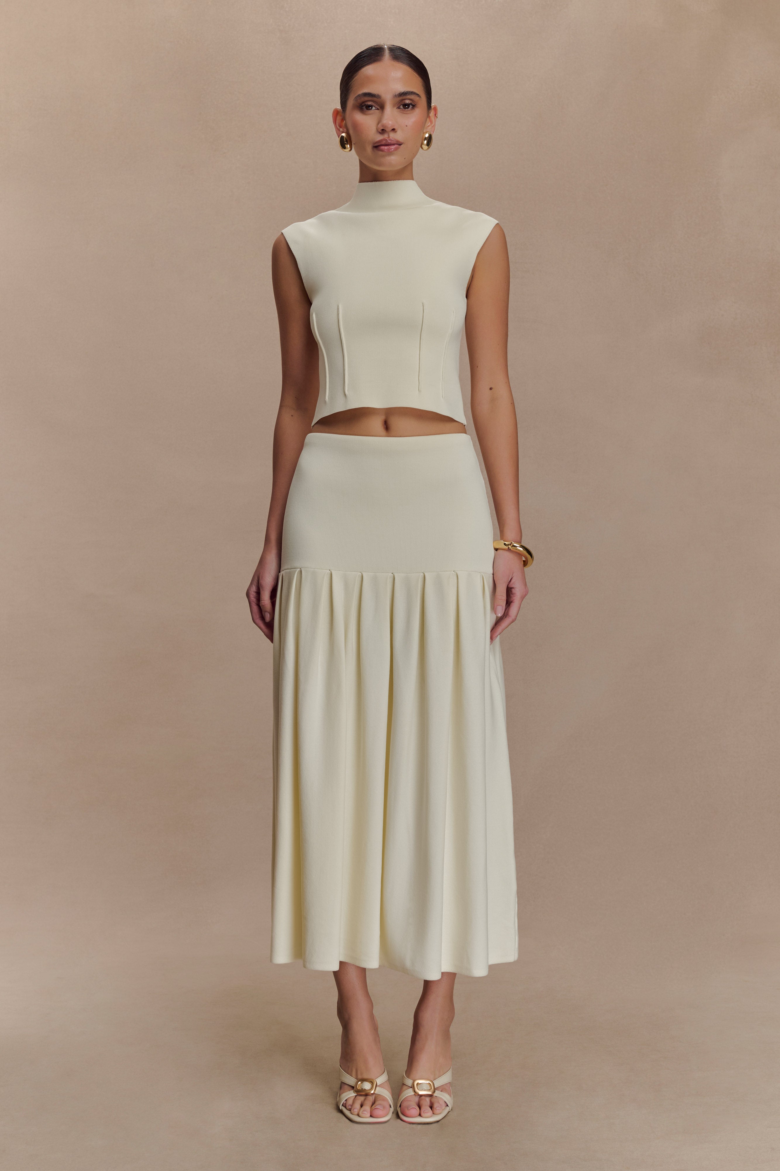 Romaine High Neck Bandage Knit Top - Ivory