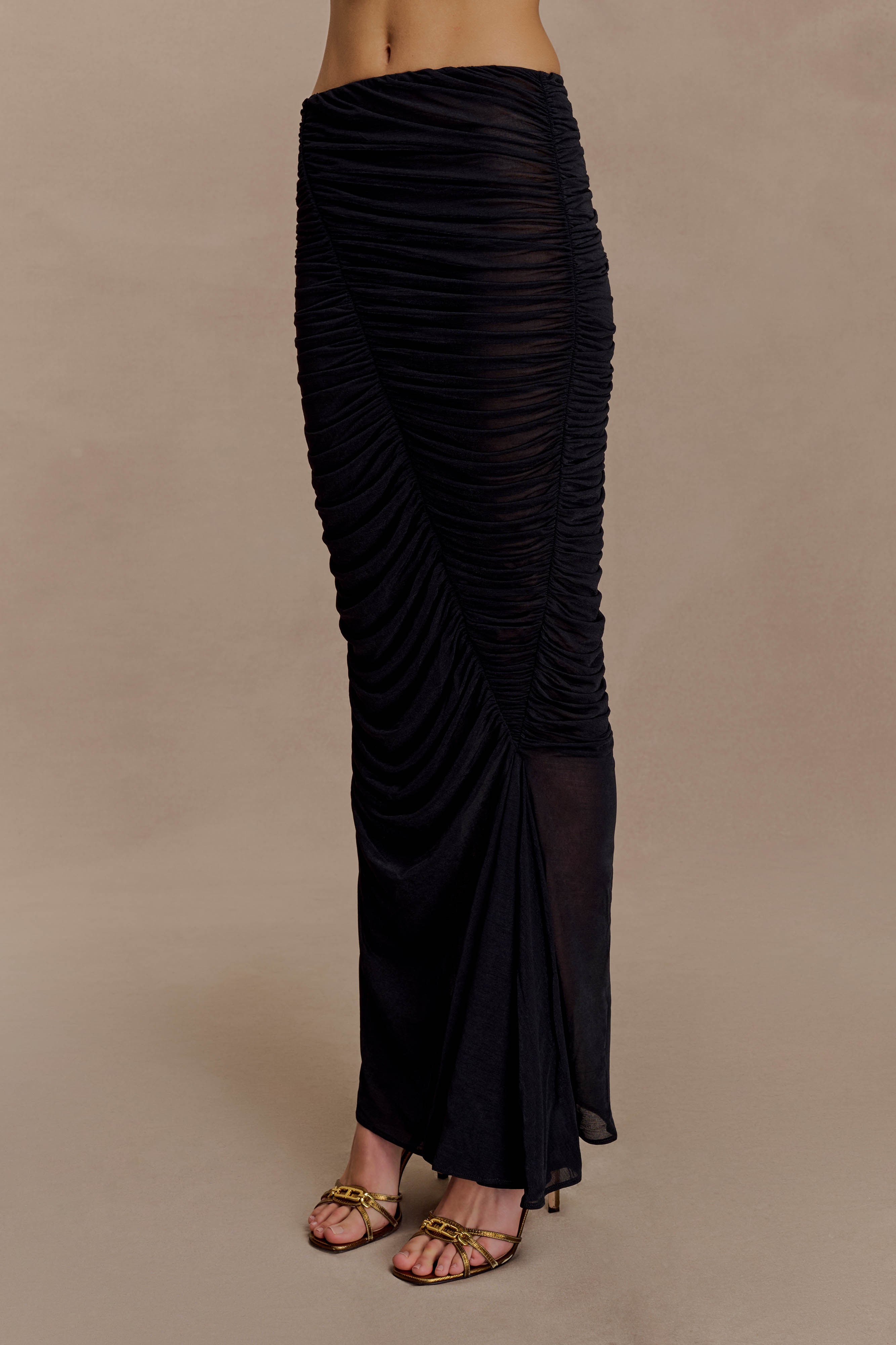Matilda Ruched Mesh Maxi Skirt - Black