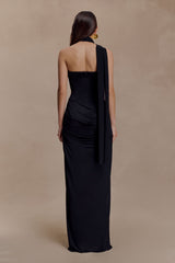 Mattea Slinky And Mesh Maxi Dress With Scarf - Black
