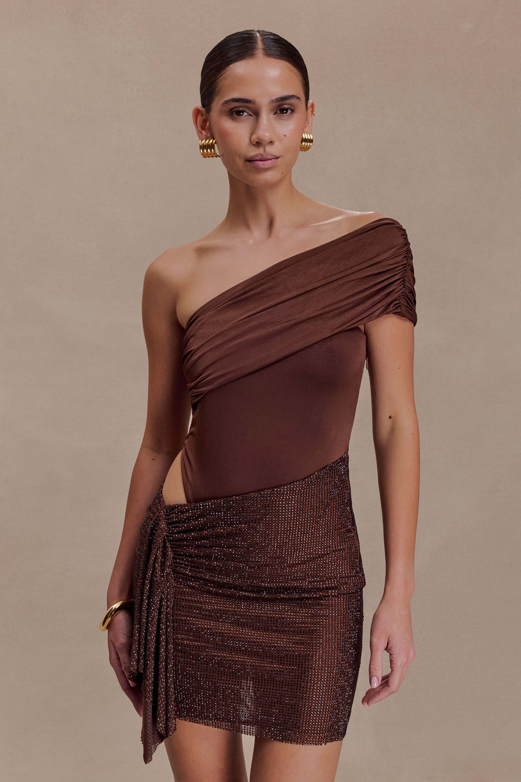 Paisley Slinky And Diamante Mini Dress - Chocolate