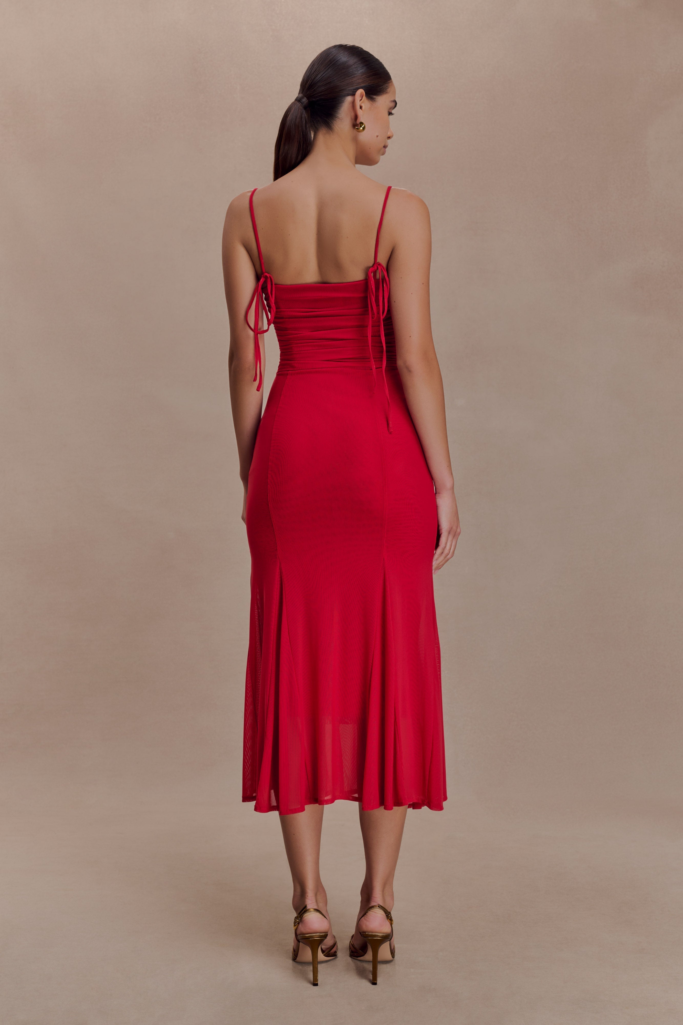 Willa Gathered Mesh Midi Dress - Ruby