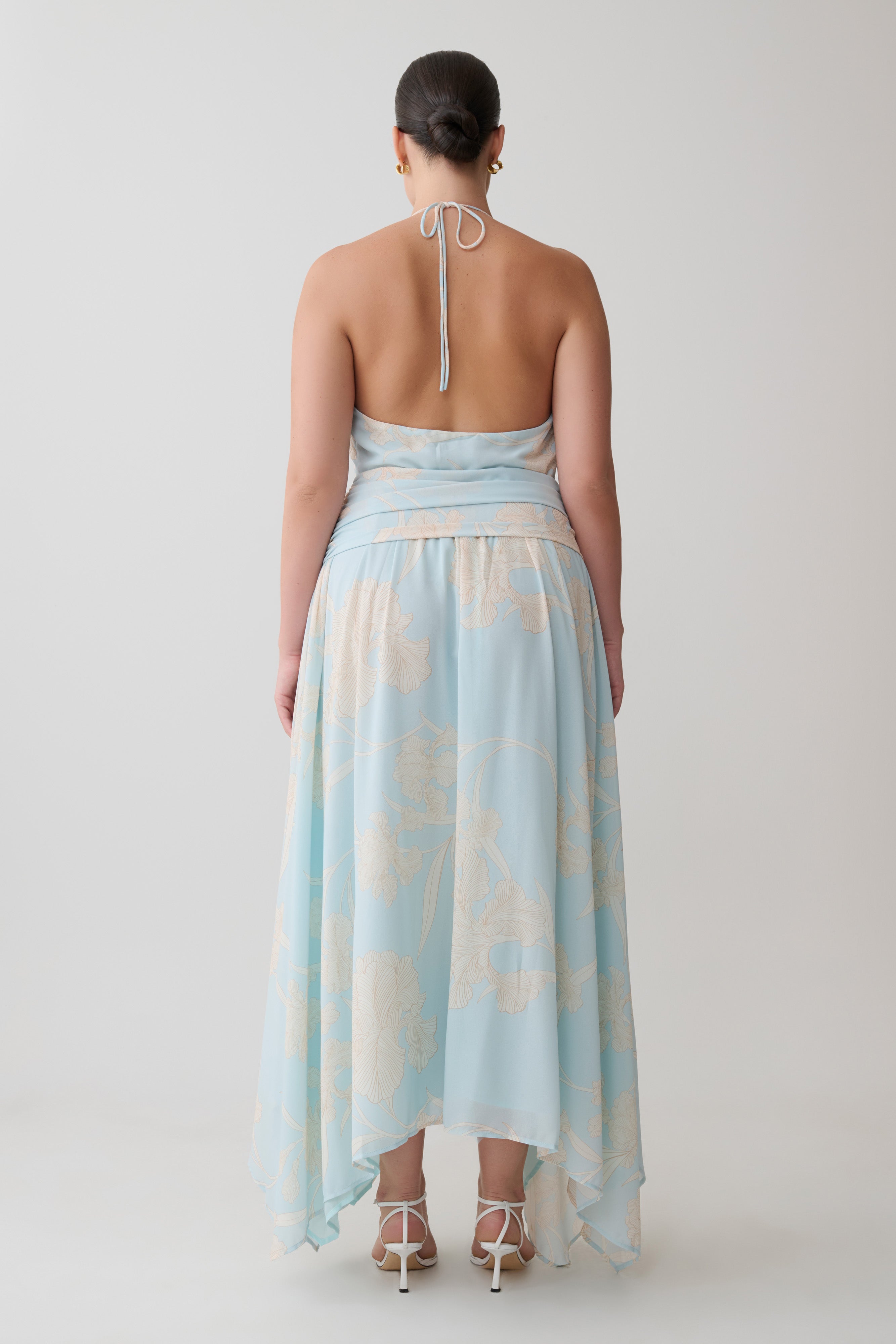 Cyra Plunge Chiffon Midi Dress - Blue Floral Print